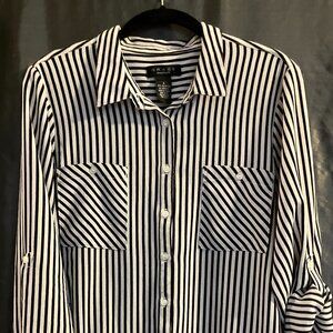 Black & White Striped Classic Button Down Blouse GRACE sz L